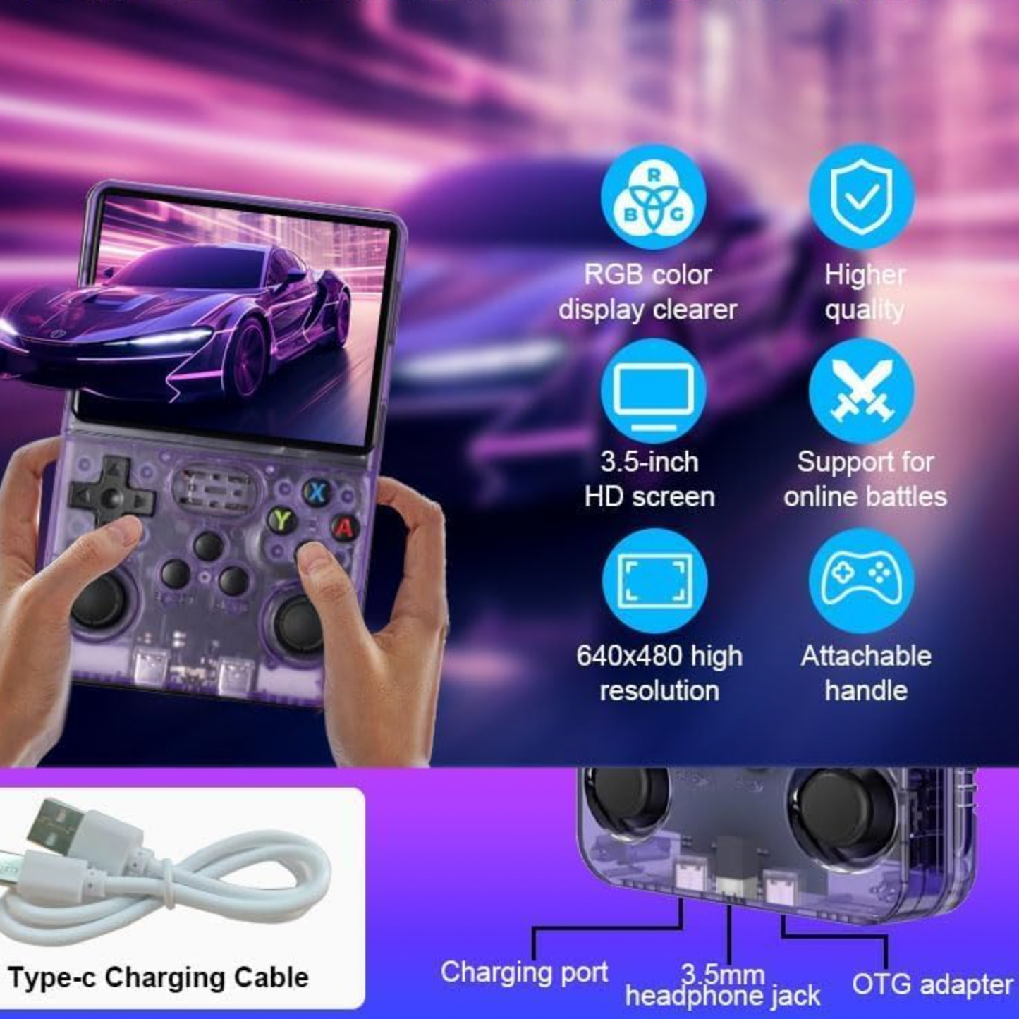 Handheld gaming device with screen displaying a car, surrounded by feature icons and charging cable on a purple background.